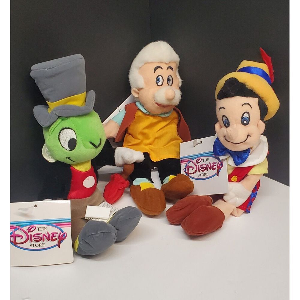 Vintage Disney Store‎ Jiminy Cricket, Geppetto, Pinocchio 8" Beanie Plush